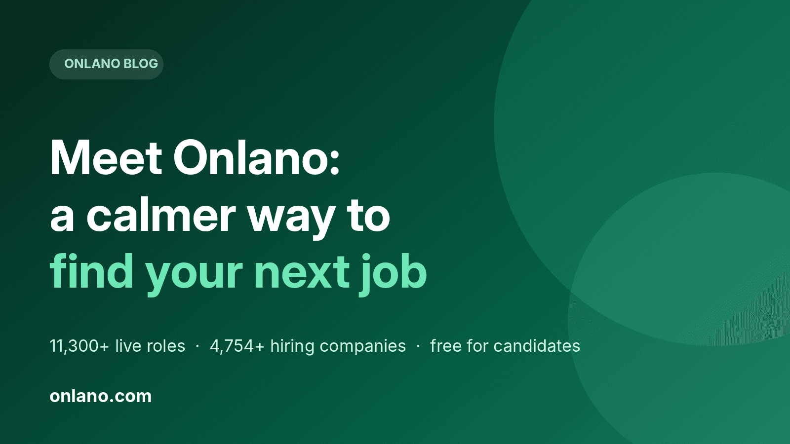 Green cover graphic that reads Meet Onlano: a calmer way to find your next job